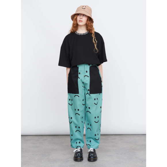 Lazy Oaf Happy Sad Barrel Leg Colorblock Green Cotton Trouser Pants-Size 10/32" - Picture 1 of 7